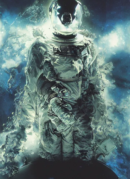 Image similar to astronauts in the dark infinite underwater void - complex and hyperdetailed technical suit, fabric material. reflection and dispersion materials. rays and dispersion of light. volumetric light. wide angle, f / 3 2. noise film photo. flash photography. ultra realistic, wide angle. poster by wayne barlowe, hajime sorayama aaron horkey, craig mullins