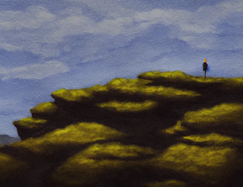 Prompt: lonely cliffs. gouache by award - winning mangaka, chiaroscuro, bokeh, backlighting, field of depth