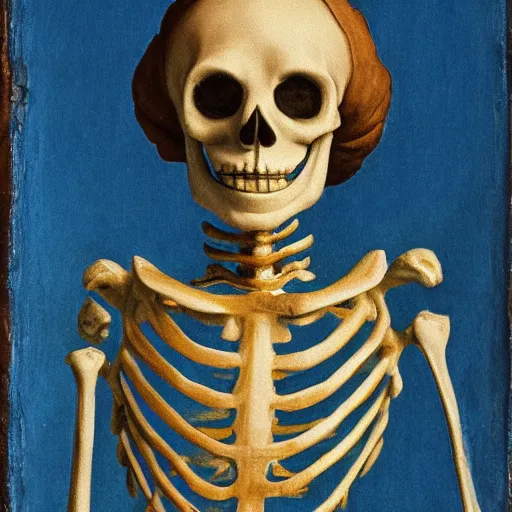 Image similar to smiling skeleton wearing blue puffy jacket, renaissance painting