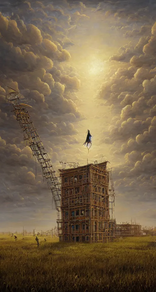 Image similar to surreal building construction, ladders to the sky in the steppe, in game pathologic 2, by jacek yerka, by levitan, oil on canvas, acrylic, digital art, royal academy, masterpiece, trending on artstation, cinematic composition, sharp, details, hyper - detailed, hd