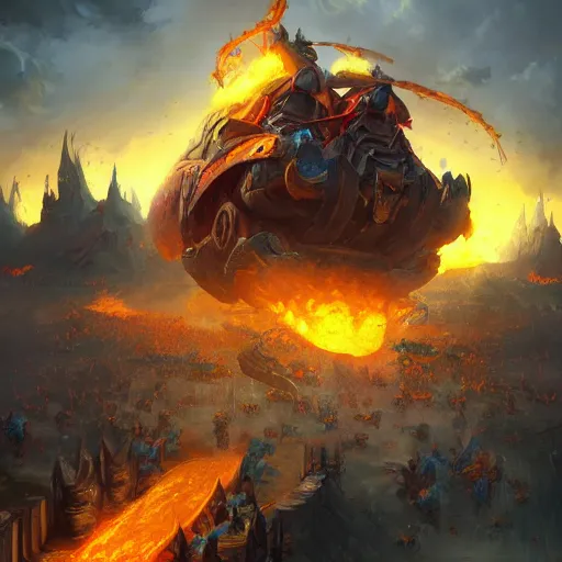 Prompt: a fiery siege chariots, catapult, yellow battlefield theme, bright art masterpiece artstation. 8 k, sharp high quality artwork in style of jose daniel cabrera pena and greg rutkowski, concept art by tooth wu, blizzard warcraft artwork, hearthstone card game artwork, cart wheels