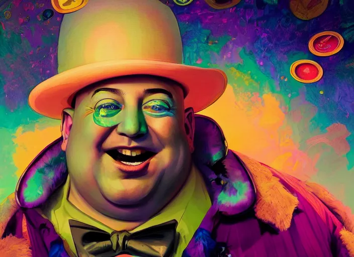 Prompt: A psychedelic portrait of very obese laughing and fat jeff bezos with monocle and tophat and money falling from sky, vibrant color scheme, highly detailed, in the style of romanticism, cinematic, artstation, Moebius, Greg rutkowski