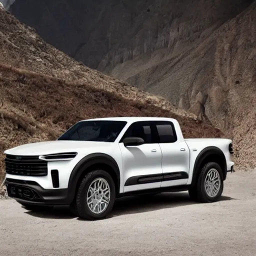 Prompt: A Pickup truck designed and produced by Porsche in the production year of 2022, promotional photo