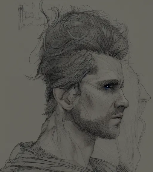 Prompt: portrait of shaven man with blond ponytail hair up wearing black robes, pen and ink, intricate line drawings, by craig mullins, ruan jia, kentaro miura, greg rutkowski, loundraw