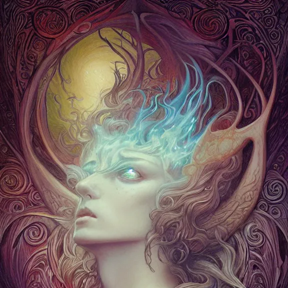 Prompt: a highly detailed portrait in the style of jean delville and in the style of peter mohrbacher. glowing rune of magical power.