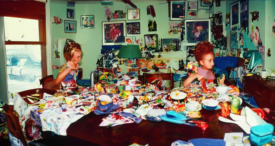 Prompt: 90's Professional Color Photography, Nikon, A girl in the cluttered dining room. Summer