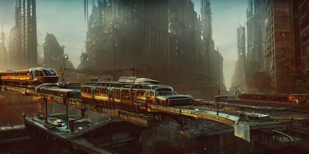 Image similar to in a dieselpunk city with vehicles and a monorail, highly detailed, 8 k, hdr, award - winning, octane render, artstation, volumetric lighting