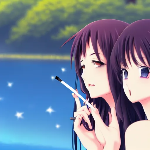 Prompt: two beautiful lesbian girls in love, smoking a hemp cigarette with smoke, sitting in front of a lake, in the style of anime, close - up, highly detailed face, 4 k, pixiv, intricate, elegant, highly detailed, lush, stylized, japanese, smooth