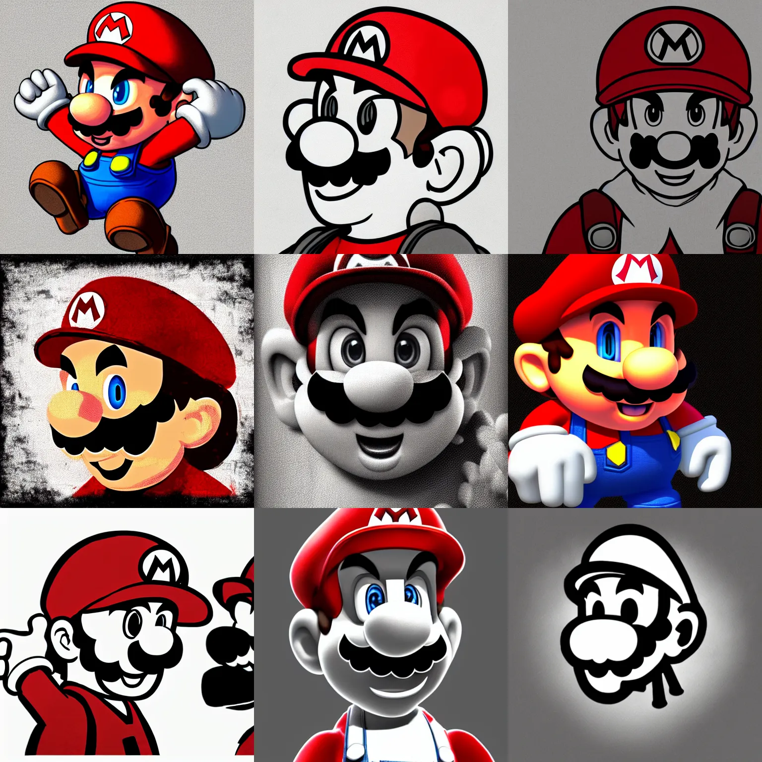 Prompt: videogame fanart of super mario facing camera, expression of malice and anger, focused gaze, faded and limited color palette, red selective coloring + monochrome, striking artstyle with sharp shadows, digital art