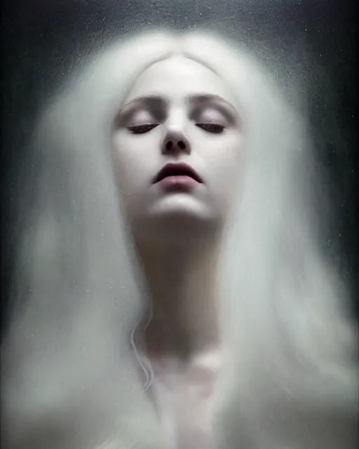 Image similar to soft, delicate, dreamy, dramatic, subsurface scattering, white, young beautiful goddess in cosmos with very long white hair floating in air, fluid smoke art, black and white, octane render, dino valls, mark ryden, joe fenton, michal karcz, highly detailed, rim light, art, cinematic lighting, very coherent, hyper realism, 8 k