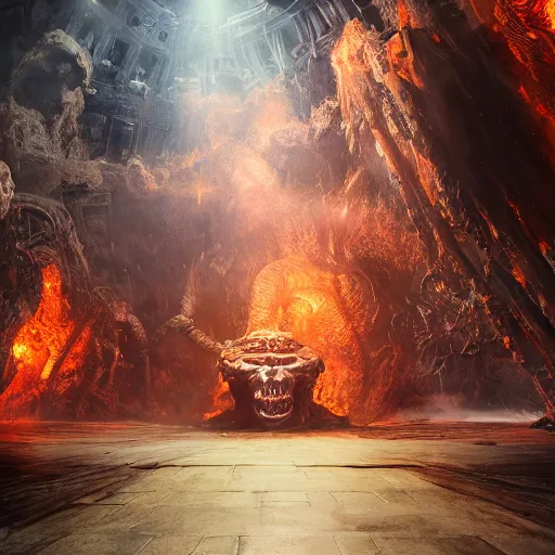 Image similar to full body pose, hyperrealistic mixed media painting of hell, dim volumetric lighting, 8 k, octane beautifully detailed render, extremely hyper detailed, intricate, epic composition, cinematic lighting, masterpiece, trending on artstation, very very detailed, masterpiece, stunning, hdr, smooth, sharp focus, high resolution, award, winning photo, dslr, 5 0 mm