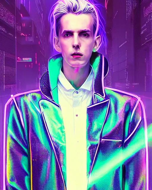 Image similar to detailed portrait of European Pale Blonde hair Stylish Guy Sheen Holographic Jacket coat, Futuristic sci-fi fashion, royal attire Akira, Evangelion, cyberpunk, neotokyo, synthwave, aesthetics, futuristic, low-emission-neon, bladerunner movie scene by ismail inceoglu dragan bibin hans thoma greg rutkowski Alexandros Pyromallis Nekro Rene Margitte illustrated Perfect face, fine details, realistic shaded, fine-face, pretty face sharp chine