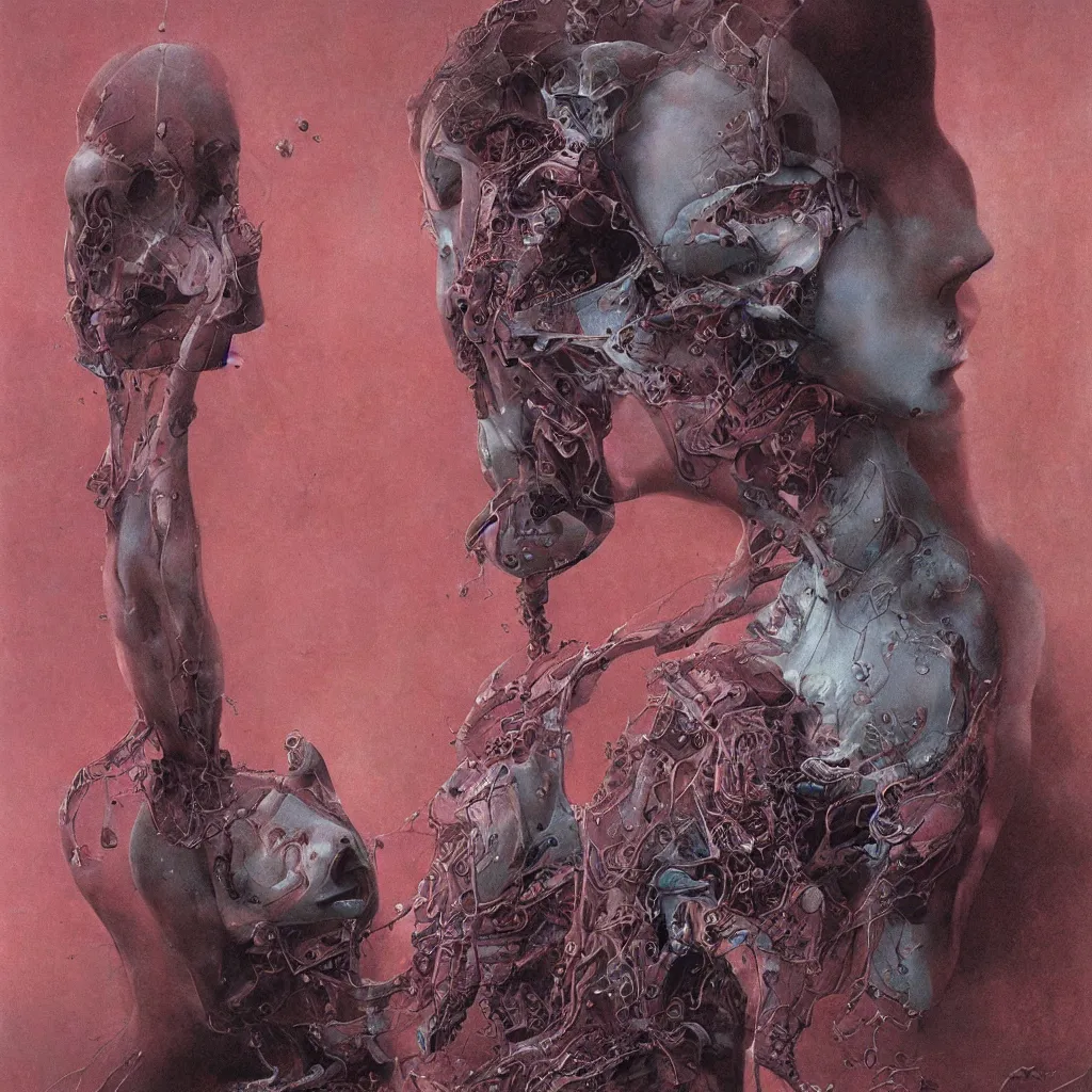 Image similar to portrait of girl melting with machine by wayne barlowe and zdislaw beksinski