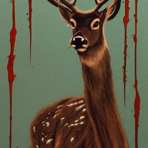 Image similar to deer smoking a cigarette, stylized, artistic, expressive, contrasting colors, brown and green, rule of thirds, dripping paint, masterful art