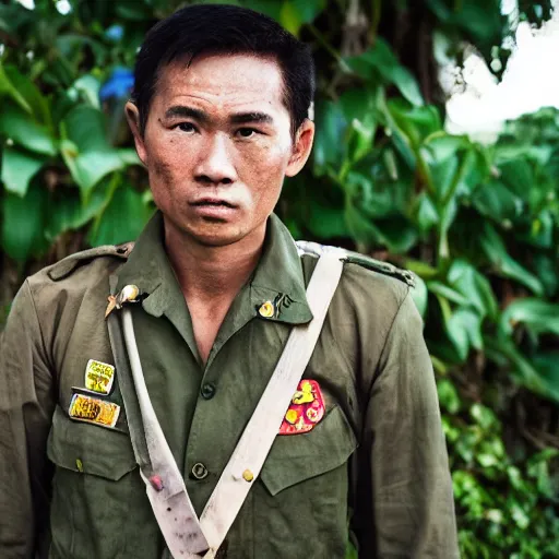 Prompt: super mario as a north vietnamese man, war hero in a trench, violent, sharp focus, hyper realistic, sony 5 0 mm lens
