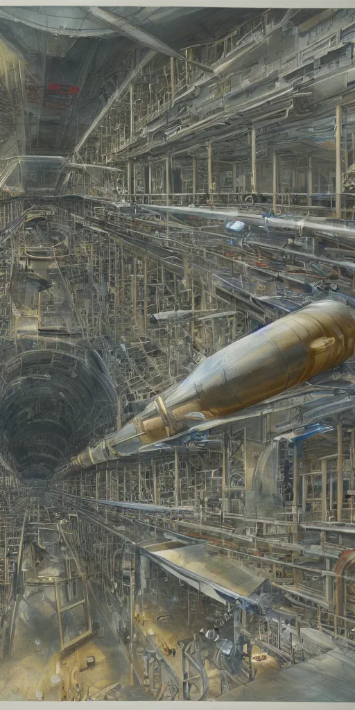 Image similar to Artwork by John Howe of the cinematic view of Helical Propellant Chamber Compression Warehouse.