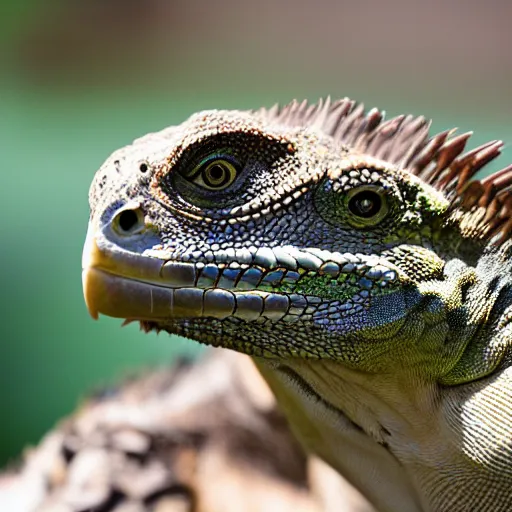 Prompt: Hawk and iguana hybrid animal, highly detailed photo taken at zoo,