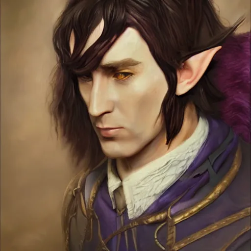 Prompt: oil painting a medieval fantasy tolkien elf, dark purplish hair tucked behind ears, wearing leather with a fur lined collar, wide face, muscular build, scar across the nose, cinematic, character art, l, detailed.