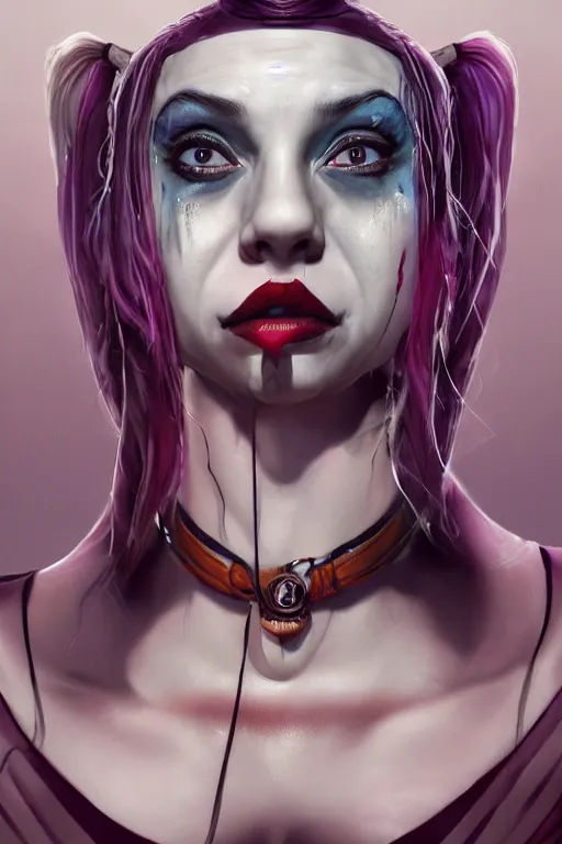 Image similar to cinematic portrait of Harley Quinn. Centered, uncut, unzoom, symmetry. character illustration. Surreal render, ultra realistic, zenith view. Polished. Inspired by patricio clarey, heidi taillefer scifi painter glenn brown. Extremely ornated. artstation, cgsociety, unreal engine, ray tracing, detailed illustration, hd, 4k, digital art, overdetailed art. Dslr, tiltshift, dof. 64megapixel. complementing colors. Trending on artstation, deviantart,