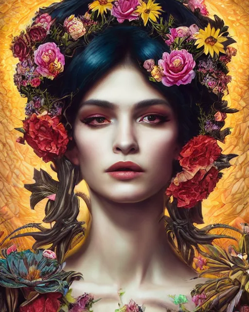 Image similar to portrait of the mexican queen of the underworld, surrounded by flowers by karol bak, james jean, tom bagshaw, rococo, sharp focus, trending on artstation, cinematic lighting, hyper realism, octane render, 8 k, hyper detailed.