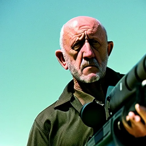 Image similar to Film still of Mike Ehrmantraut aiming a !!!sniper rifle!!!, 4k, !!highly detailed!!