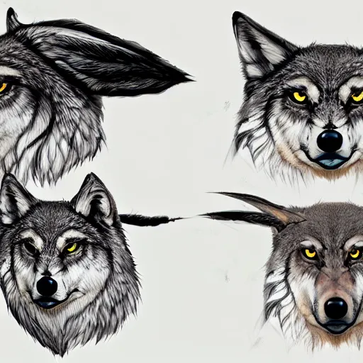 Image similar to ( ( ( ( wolf ) ) ) ) with! owl - head, art reference sheet, featured on artstation