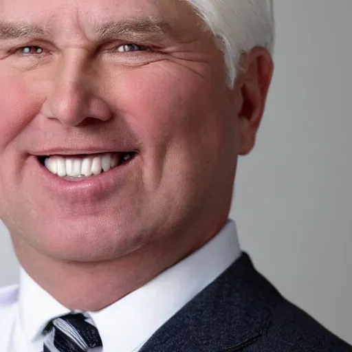 Image similar to close - up portrait of chubby chubby chubby white clean - shaven man in his sixties with white hair wearing a suit and tie, open mouthed smile,