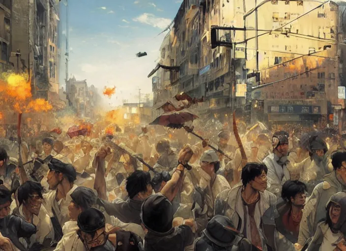 Prompt: a riot in the streets, by takehiko inoue and kim jung gi and hiroya oku, by thomas kinkade and greg rutkowski and ilya kuvshinov, masterpiece illustration, ultrarealistic, perfect face and anatomy, golden ratio