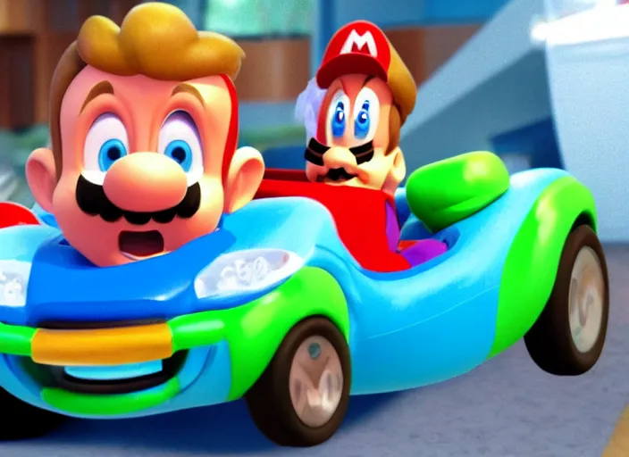 Image similar to steve buscemi driving a little tikes cozy coupe, movie still, from the new mario kart game, 8 k, realistic