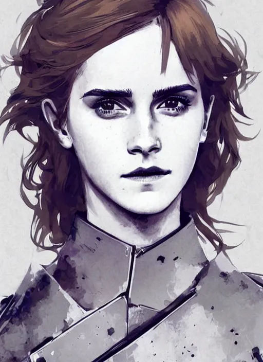 Image similar to fashion model emma watson wearing metal gear armour art by Hokusai by greg rutkowski by wlop high detail comic sharp vector lineart dramtic lighting artstation by trevor henderson by rossd raws cinematic dramatic