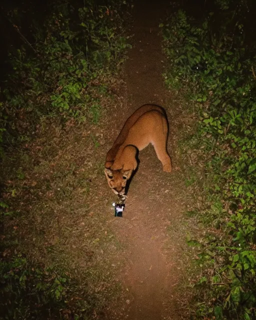 Prompt: cougar in forest at night, shot from drone, grainy, polaroid