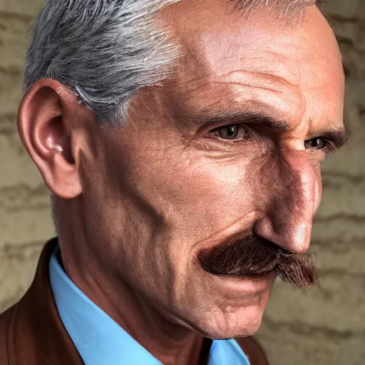 Prompt: man in his late 50s has an elongated face with a prominent nose, short mustache with a receding hairline and brown eyes