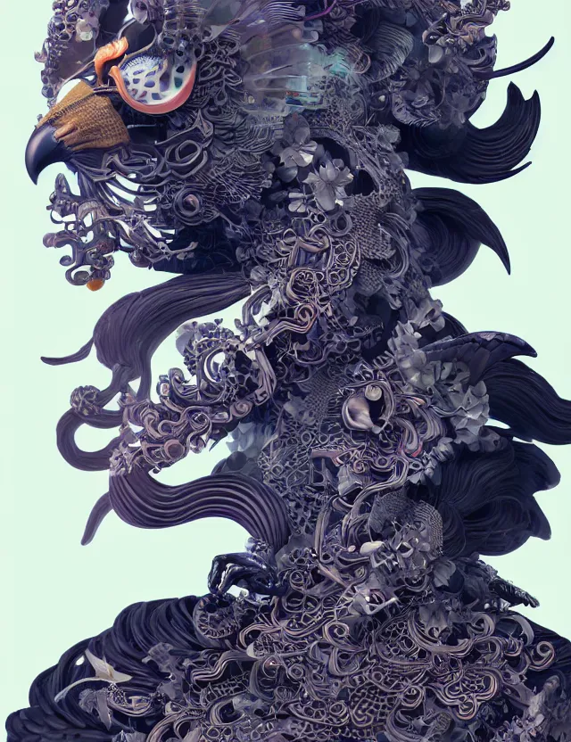 Image similar to 3 d goddess close - up profile portrait biomechanics with ram skull. beautiful intricately detailed japanese crow kitsune mask and clasical japanese kimono. betta fish, jellyfish phoenix, bio luminescent, plasma, ice, water, wind, creature, artwork by tooth wu and wlop and beeple and greg rutkowski