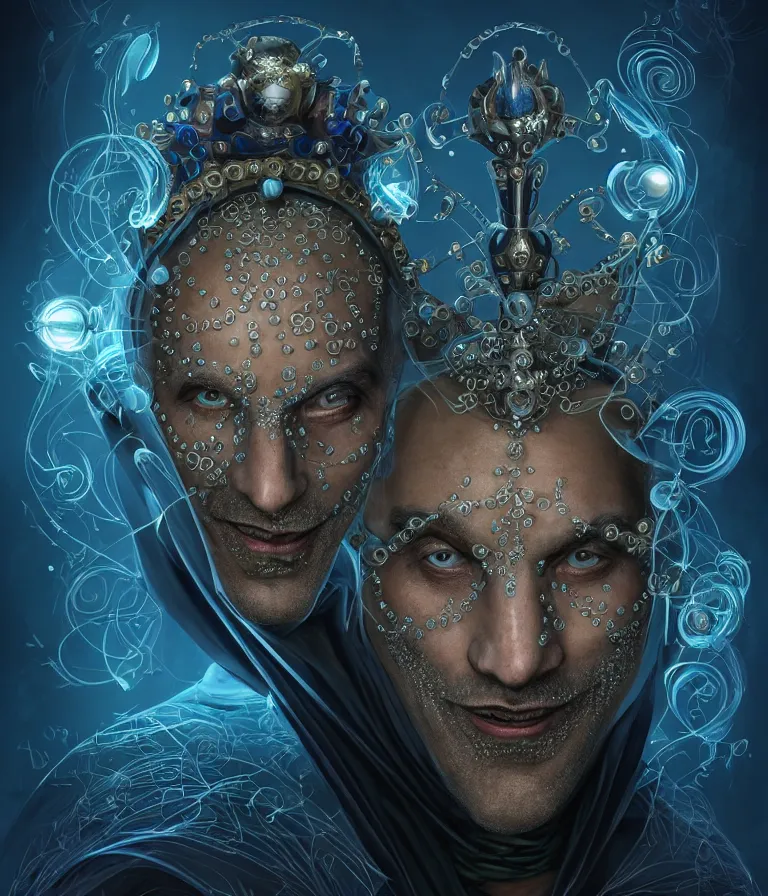 Image similar to front!!! shot of a court jester!!! character, hyperdimensional, bioluminescent hypercubes, dark holography!!!, future, chrome, (((intricate))), elegant, highly detailed, centered, (((artstation, concept art, smooth, sharp focus, artgerm, Tomasz Alen Kopera, Peter Mohrbacher, donato giancola, Joseph Christian Leyendecker, WLOP, Boris Vallejo))), mugshot!!!!!, ugly!!!!!!, octane render, nvidia raytracing demo, octane render, nvidia raytracing demo, octane render, nvidia raytracing demo, grainy, muted, 8K, digitalblasphemy, metatron