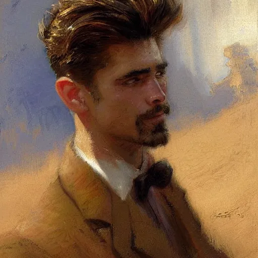 Image similar to a man with a quiff haircut, painting by Gaston Bussiere, Craig Mullins