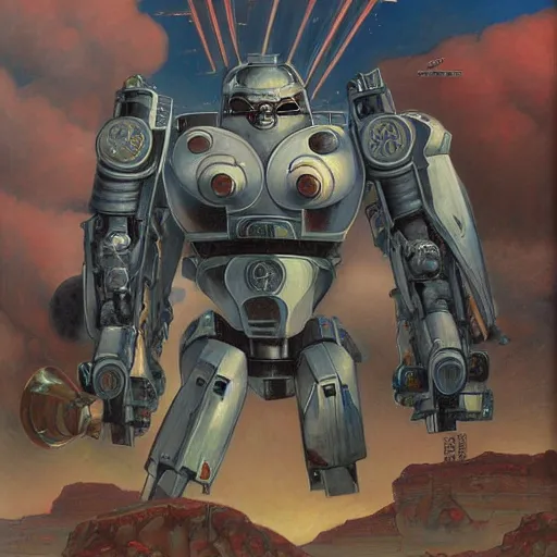 Prompt: combat mecha by gerald brom, fernando botero