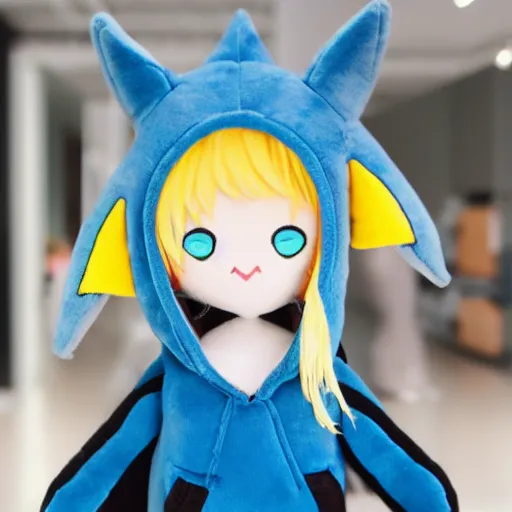 Image similar to a blonde girl in a black hoodie holding a blahaj blue shark plush from ikea, anime style