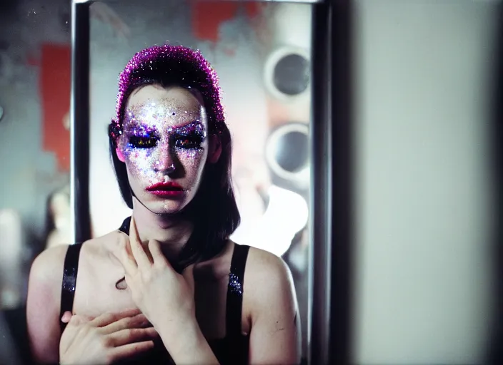 Prompt: cinestill 5 0 d candid photographic portrait by quentin tarantino of a beautiful feminine man wearing black techwear and glitter makeup looking in a broken bathroom mirror, cramped new york apartment, full shot, retrofuturism cyberpunk cinematic, 8 k, hd, high resolution, 3 5 mm, f / 3 2, ultra realistic faces, clockwork orange