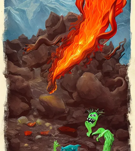 Prompt: monsters drinking lava, tasty molten rocks, creatures that eat liquid minerals, trending on artstation