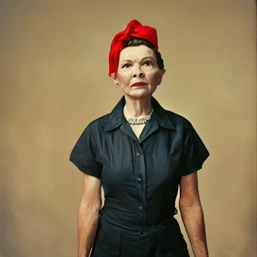 Prompt: a photograph portrait of Rosie the riveter by Annie Leipovitz