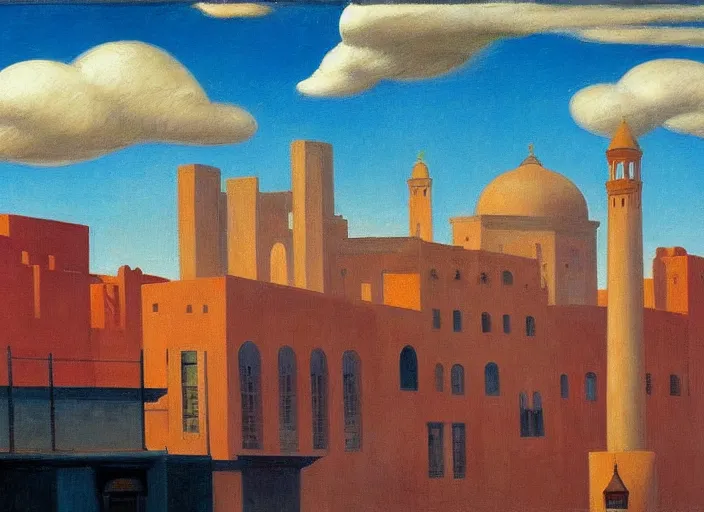 Image similar to old moroccan city, clouds, bird, open ceiling, strange foreign objects, oil painting by edward hopper, chirico and rene magritte