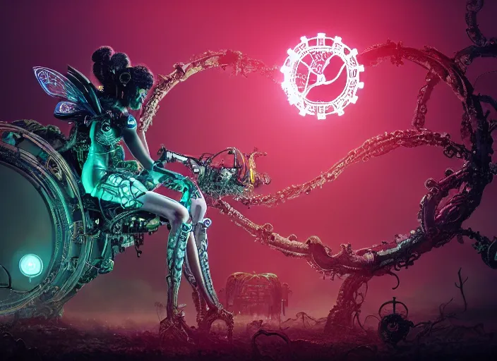 Image similar to silhouette of an intricate mechanical fairy with visible gears having tea with a cyborg gorgon medusa in a magical forest. Very detailed 8k. Fantasy cyberpunk horror. Sharp. Cinematic post-processing