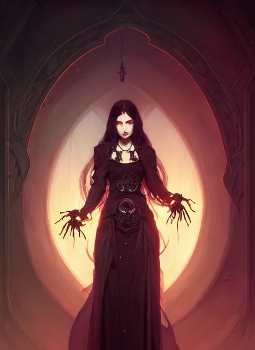 Image similar to a beautiful cinematic female Necromancer Sorceress goddess of death, fantasy magic, undercut hairstyle, dark light night, intricate, elegant, sharp focus, illustration, highly detailed, digital painting, concept art, matte, art by WLOP and Artgerm and Greg Rutkowski and Alphonse Mucha, masterpiece