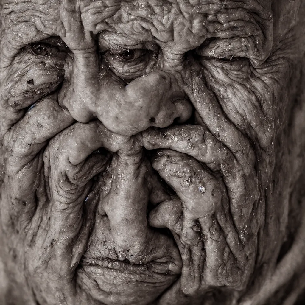 Prompt: a portrait of a disgusting wrinkled old man, ghoulish eyes, dripping snot from nose, realistic photograph