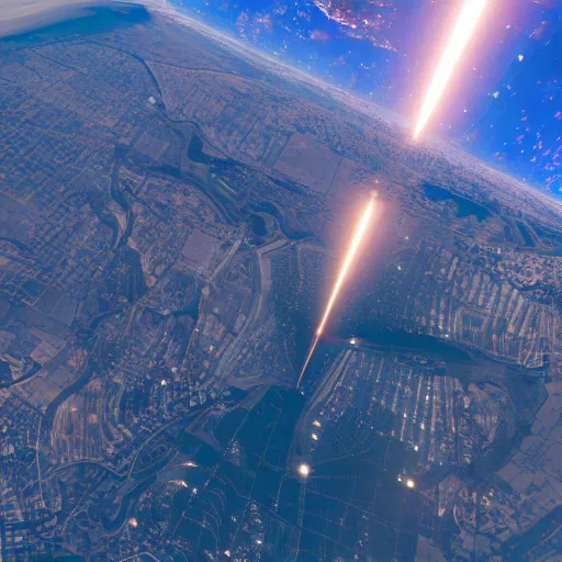 Image similar to gigantic city seen from spce with cinematic light, 8 k landscape render, space station flying in the sky