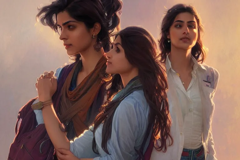 Image similar to Optimistic good looking pale young Indian doctors wearing jeans at the airport, portrait, elegant, intricate, digital painting, artstation, concept art, smooth, sharp focus, illustration, art by artgerm and greg rutkowski and alphonse mucha