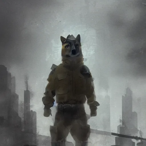 Image similar to postapocalyptic foggy moody cinematic stil portrait of anthropomorphic anthro shiba inu wearing soldier helmet gear , 4k trending on artstation by rutkowski