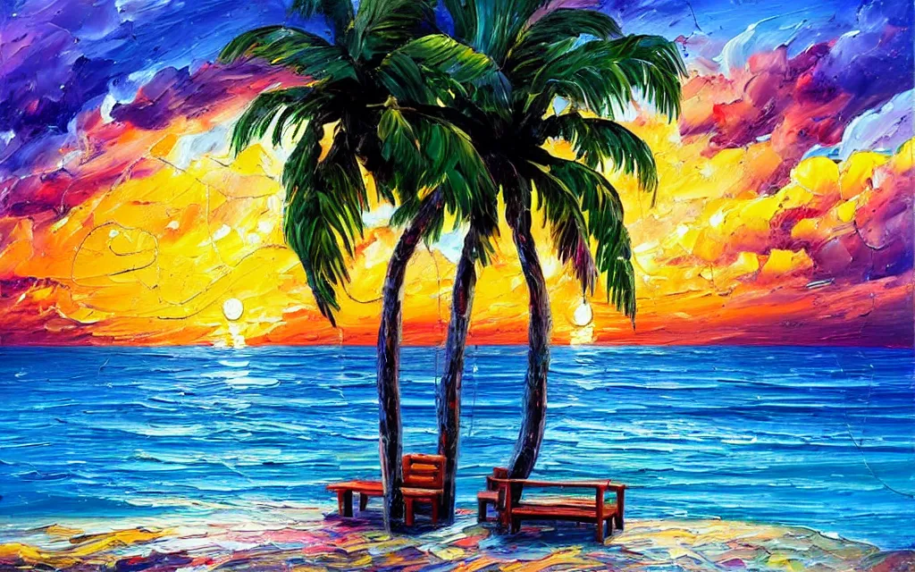 Image similar to in a big sea is a tiny island with a cute cozy cottage on it with a terrace, a paved courtyard with benches and string lights, palm trees, sunset, puffy clouds, dramatic and dynamic lighting, thick brush strokes oil impasto painting