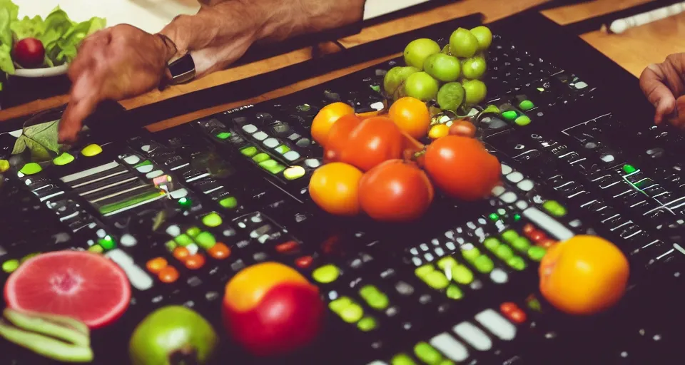 Image similar to film still of fresh fruits and vegetables making beats in the studio on an mpc