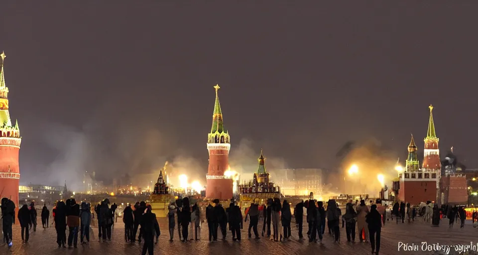 Prompt: Moscow Kremlin is on fire, dark atmosphere, lots of fire, clubs of smoke. Photography.